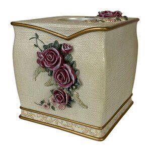 Floral Tissue Box Cover 3D Resin Pink Roses Cream Gold Square Cottagecore